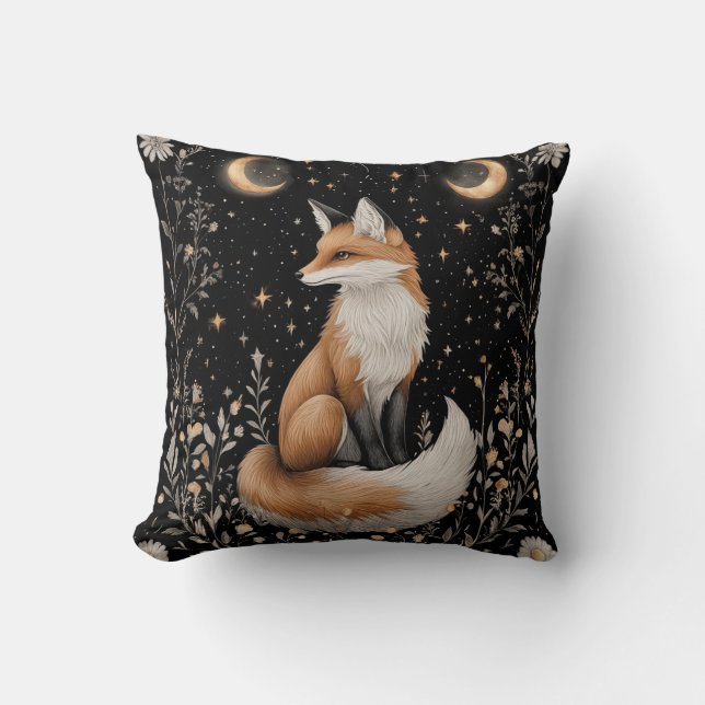 Mystical Celestial Fox and Flowers Cushion (Front)