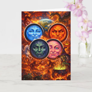 Mystical celestial moon faces fantasy Halloween gr Card