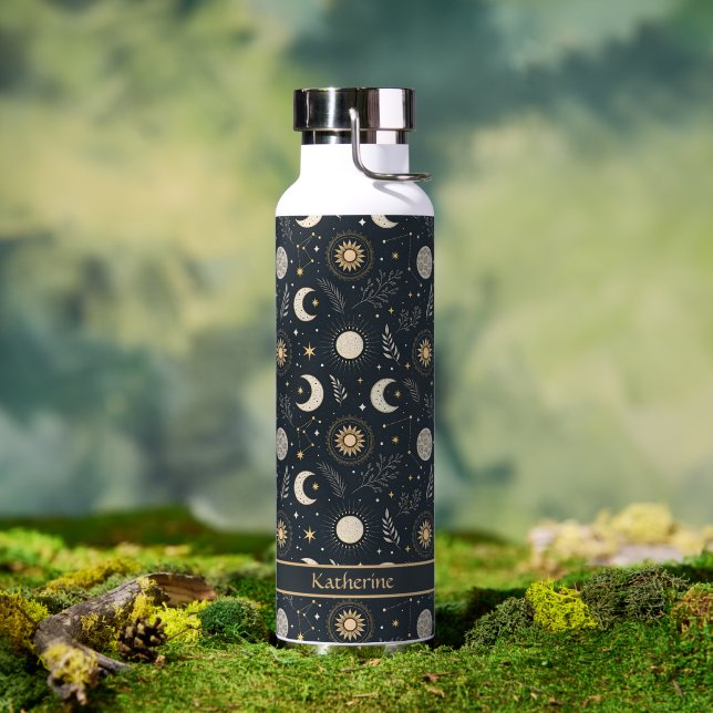 Mystical Celestial Moon Pattern Custom Name Water Bottle (Outdoor (Rotated))