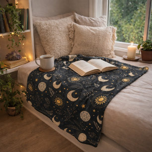Mystical Celestial Moon Pattern Fleece Blanket