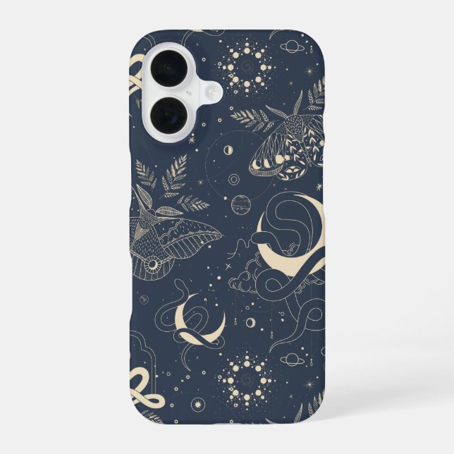 Mystical Celestial Night Moth & Serpent Pattern iPhone 16 Case (Back)