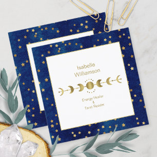 Mystical Celestial Stars Moon Phase Navy Blue Gold Square Business Card