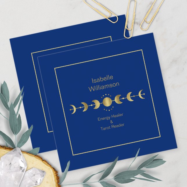Mystical Celestial Stars Moon Phase Navy Blue Gold Square Business Card (Creator Uploaded)
