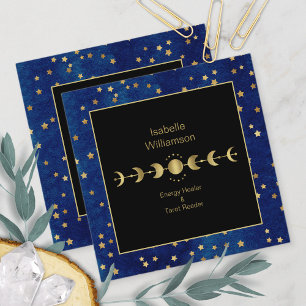 Mystical Celestial Stars Moon Phase Navy Blue Gold Square Business Card
