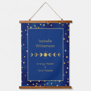 Mystical Celestial Stars Moon Phase Navy Blue Hanging Tapestry