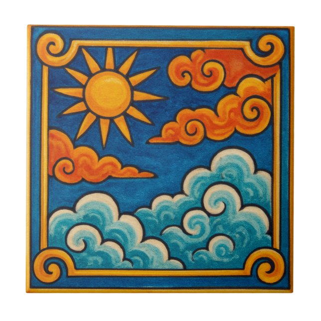 Mystical Celestial Sun & Clouds Ceramic Tile (Front)