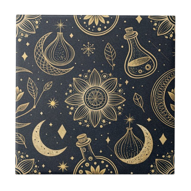 Mystical Celestial Witchcraft - Gold Botanical Ceramic Tile (Front)