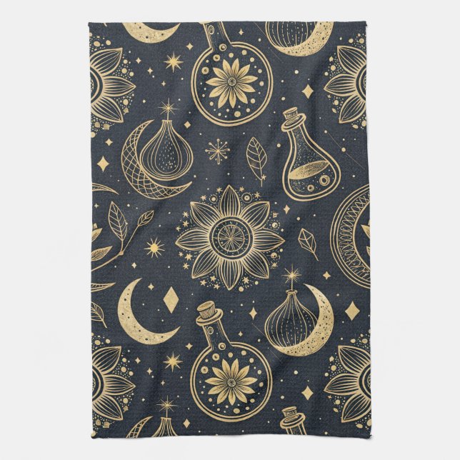 Mystical Celestial Witchcraft - Gold Botanical Tea Towel (Vertical)