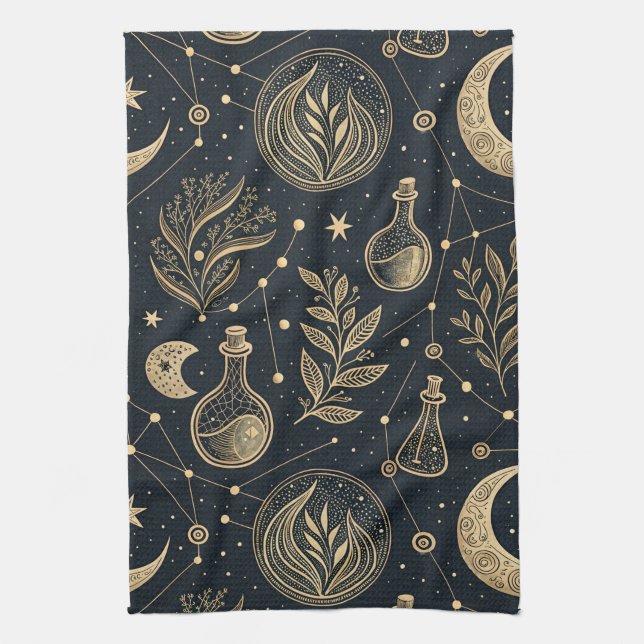 Mystical Celestial Witchcraft - Gold Botanical Tea Towel (Vertical)