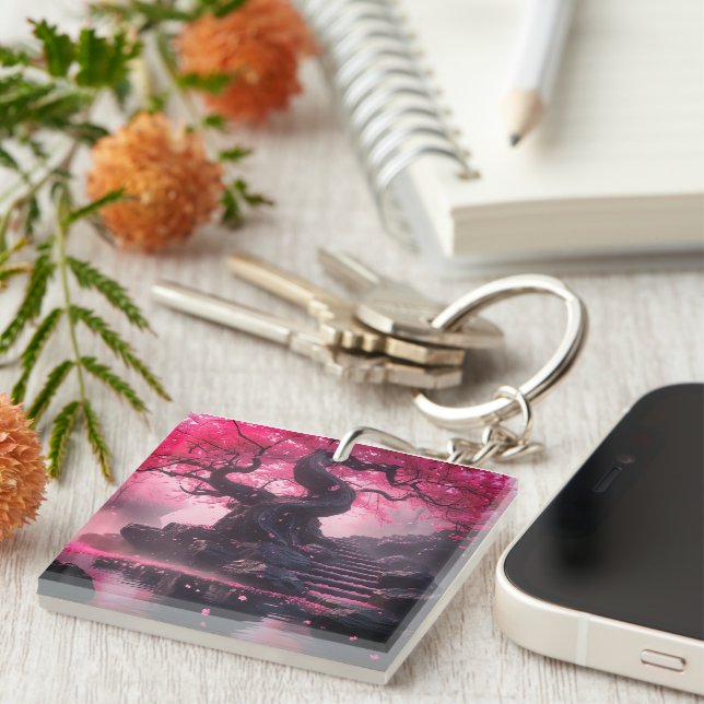 Mystical Cherry Blossom Path – Enchanted Stairway  Key Ring (Front Right)
