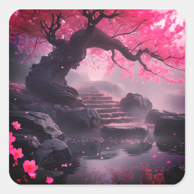 Mystical Cherry Blossom Path – Enchanted Stairway  Square Sticker (Front)