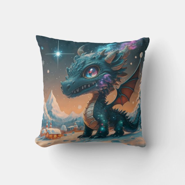 Mystical Chibi Dragon Winter Landscape  Cushion (Front)