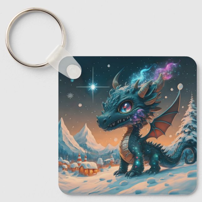 Mystical Chibi Dragon Winter Landscape  Key Ring (Front)
