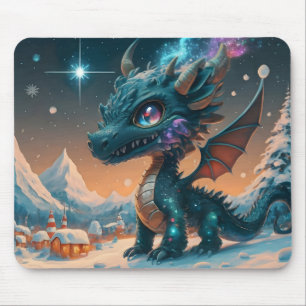Mystical Chibi Dragon Winter Landscape  Mouse Pad