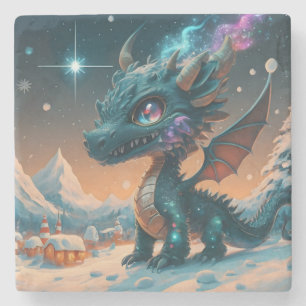 Mystical Chibi Dragon Winter Landscape Stone Coaster