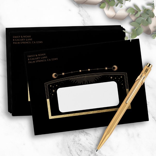 Mystical Chic Black Gold Sun Moon Stars Wedding Envelope (Creator Uploaded)