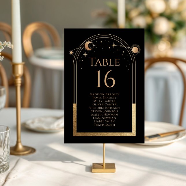 Mystical Chic Black Gold Sun Moon Stars Wedding Table Number (Creator Uploaded)