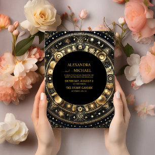 Mystical Chic Black Gold Sun Moon Wedding Invitation