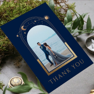 Mystical Chic Blue Gold Star Moon Photo Wedding Thank You Card