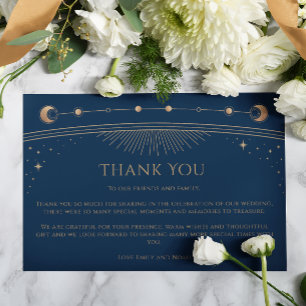 Mystical Chic Blue Gold Star Moon Photo Wedding Thank You Card