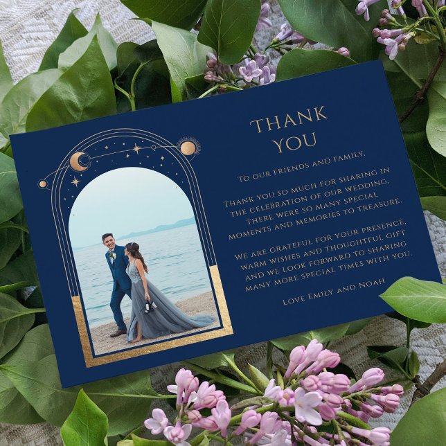 Mystical Chic Blue Gold Star Moon Photo Wedding Thank You Card (Creator Uploaded)