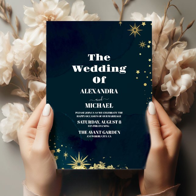 Mystical Chic Blue Gold Star Moon Wedding Invitation (Creator Uploaded)