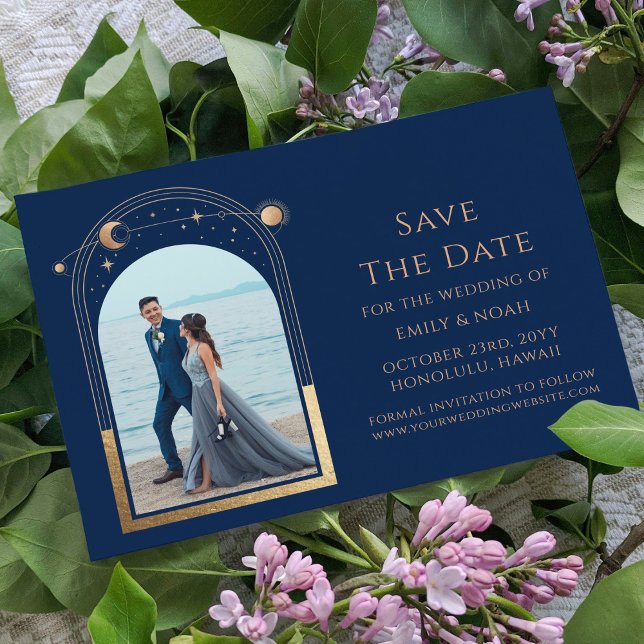 Mystical Chic Blue Gold Sun Moon Star Space Save The Date (Creator Uploaded)