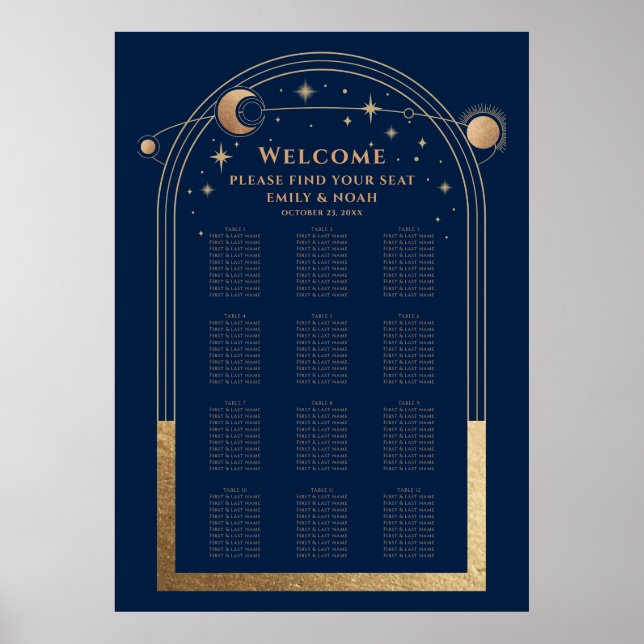 Mystical Chic Blue Gold Sun Moon Stars Wedding Poster (Front)