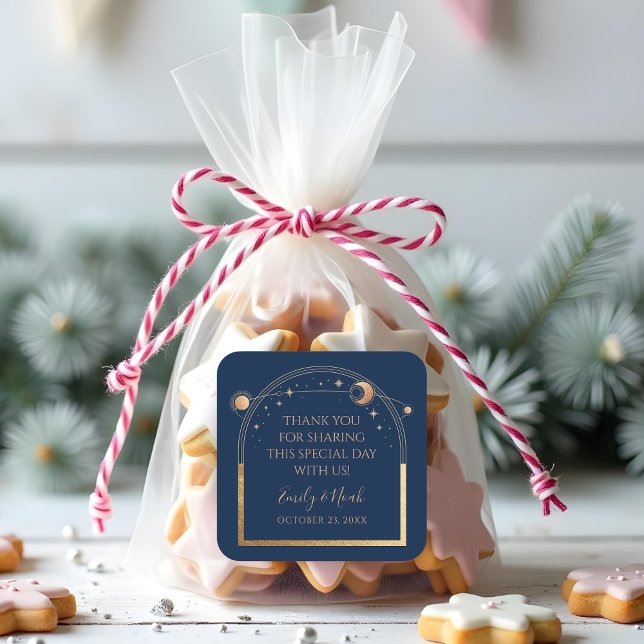 Mystical Chic Blue Gold Sun Moon Stars Wedding Square Sticker (Creator Uploaded)