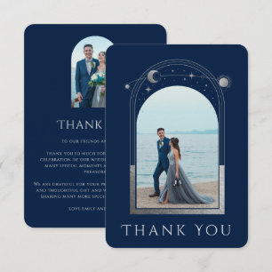 Mystical Chic Blue Silver Star Moon Photo Wedding Thank You Card