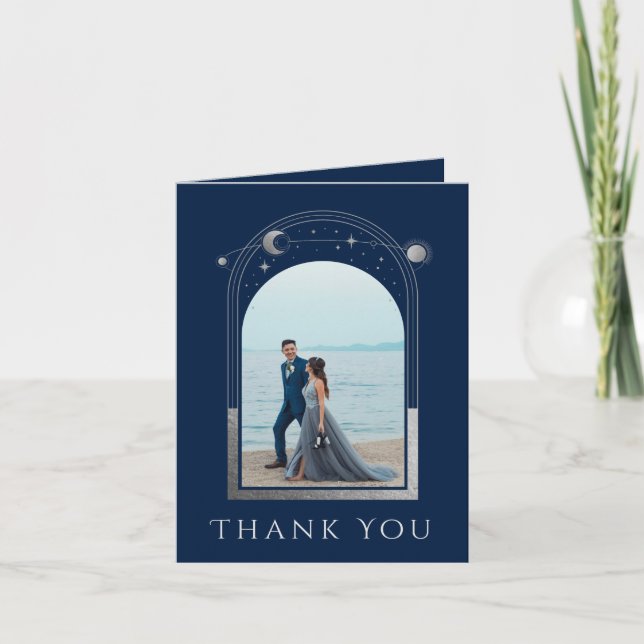 Mystical Chic Blue Silver Star Moon Photo Wedding Thank You Card (Front)