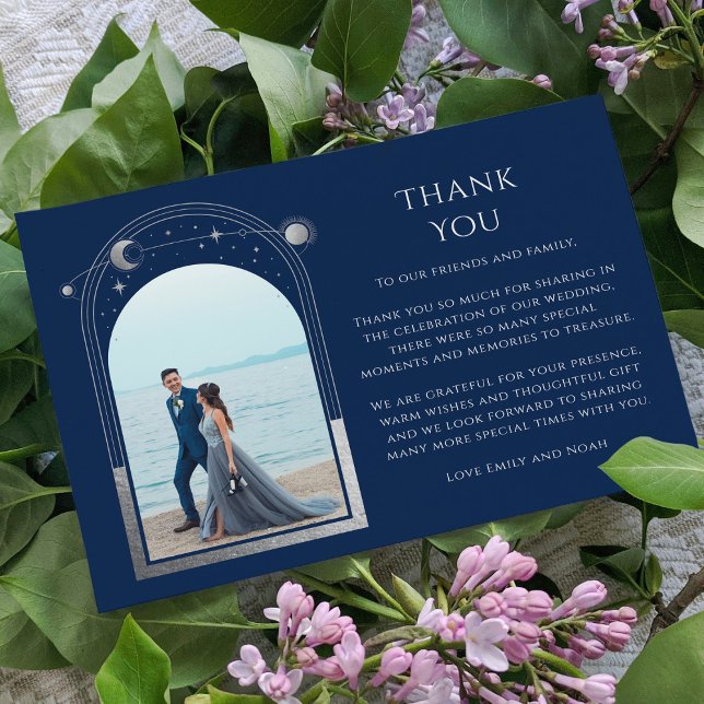 Mystical Chic Blue Silver Star Moon Photo Wedding Thank You Card (Creator Uploaded)