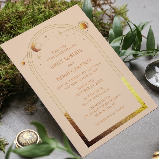 Mystical Chic Champagne Gold Star Moon Photo Space Invitation (Creator Uploaded)