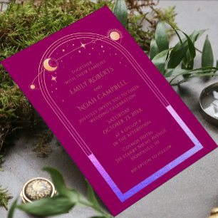 Mystical Chic Magenta Pink Rainbow Star Moon Photo Invitation