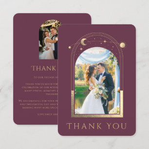 Mystical Chic Plum Gold Star Moon Photo Wedding Thank You Card
