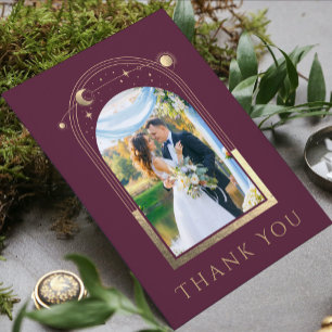 Mystical Chic Plum Gold Star Moon Photo Wedding Thank You Card