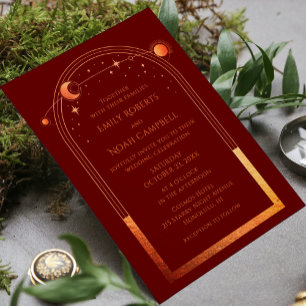 Mystical Chic Red Orange Star Moon Photo Space Invitation