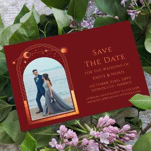 Mystical Chic Red Orange Star Moon Photo Space Save The Date