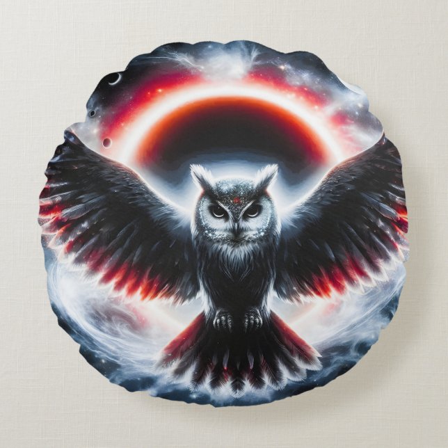 Mystical Cosmic Celestial Owl Round Cushion (Front)