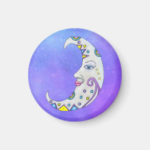 Mystical Crescent Decorated Moon Face Purple Sky Magnet