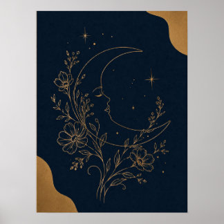 Mystical Crescent Moon Face and Golden Celestial W Poster