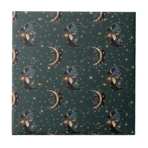 Mystical Crescent Moon Star Pattern Ceramic Tile