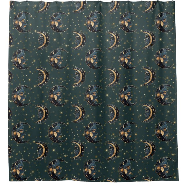 Mystical Crescent Moon Star Pattern Shower Curtain (Front)