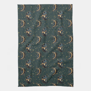 Mystical Crescent Moon Star Pattern Tea Towel