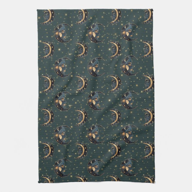 Mystical Crescent Moon Star Pattern Tea Towel (Vertical)
