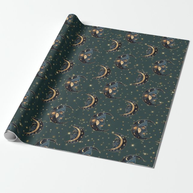 Mystical Crescent Moon Star Pattern Wrapping Paper (Unrolled)