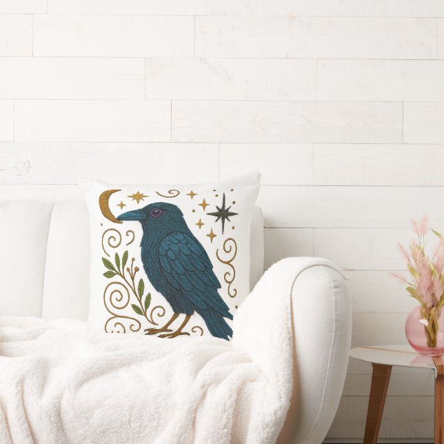 Mystical Crow Embroidered Look Cushion (Couch)