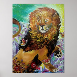 Mystical Crystal Lion Painting "New Worlds" Poster