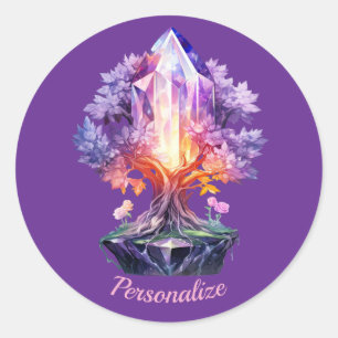 Mystical Crystal Tree Purple Gemstone Fantasy Art Classic Round Sticker