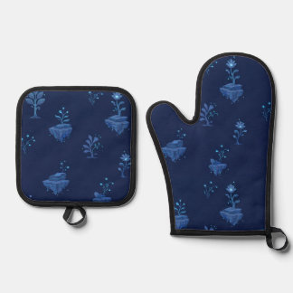 Mystical Cyberpunk Botanical Elements in Midnight  Oven Mitt & Pot Holder Set
